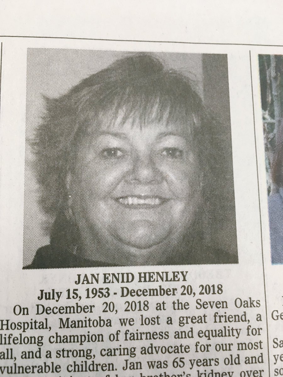 KevinRollason's tweet photo. Jan Henley was a lifelong advocate for vulnerable children. She joined CFS in 1986 and oversaw the initiative to prioritize education  for children in care. She also was involved with her union and chaired MGEU’s Women’s Committee https://t.co/Qn2PH0wBMs #RIP #wfp https://t.co/hTpWfHruUg