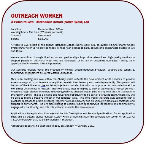 MethodistAction's tweet photo. @MethodistAction #Lancashire #job Outreach Workert in A Place to Live. Request application pack from administration@methodistaction.co.uk https://t.co/dAEcgPBe7l