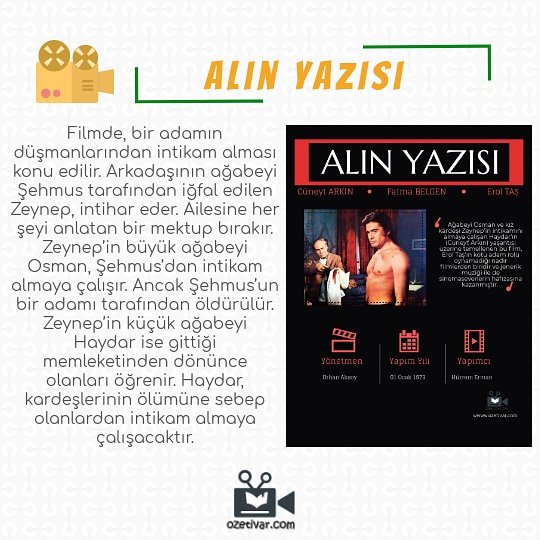 / Alın Yazısı

 “Yapacak tek bir işim var,Tek iş dediğim üç ayrı iş; Şeyhmuz, Beşir, Binali” 

YÖNETMEN: Orhan Aksoy

OYUNCULAR: Cüneyt Arkın, Fatma Belgen, Erol Taş, Şükriye Atav

YAPIM YILI: 1972

IMDb PUANI: 7.1