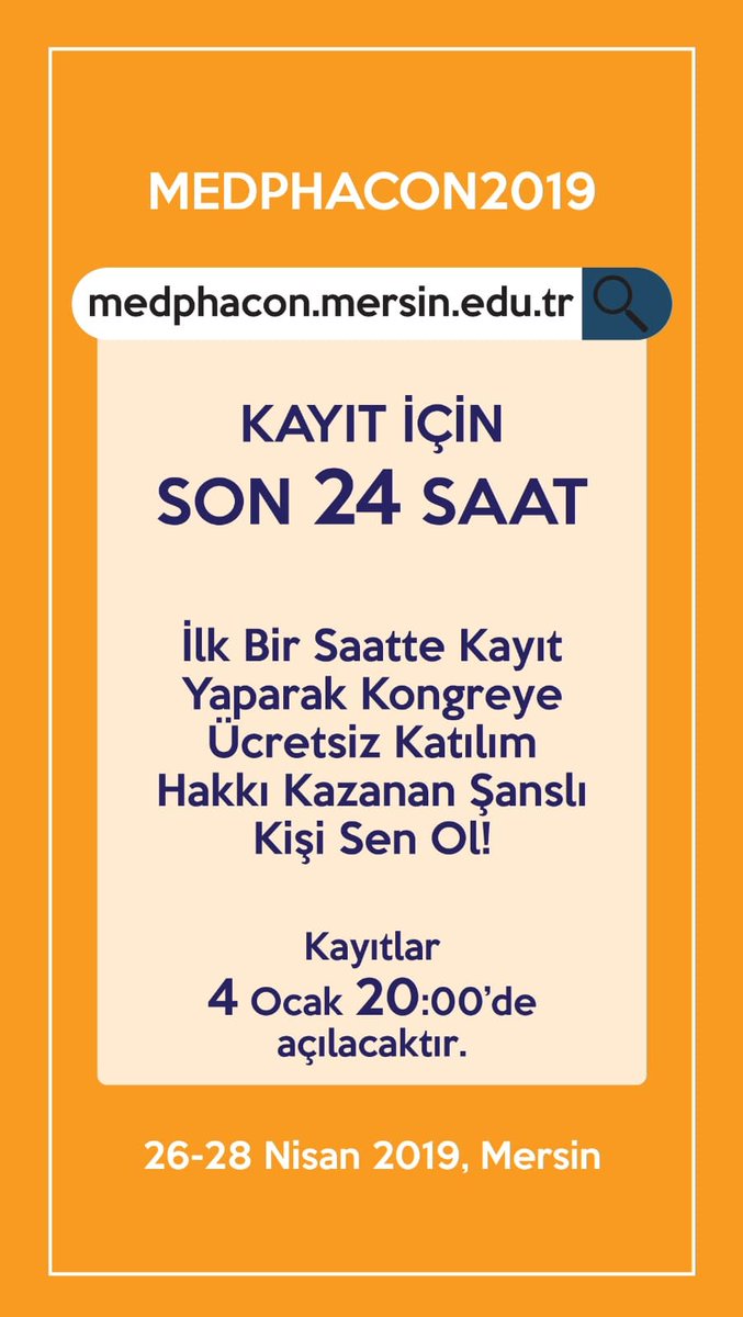 Kayıtlar yarın 20:00’de açılacaktır🎉🎉 İlk bir saatte kayıt  yaparak kongreye ücretsiz katılım hakkı kazanan şanslı kişi sen ol! 🌼🌼  #medphacon2019