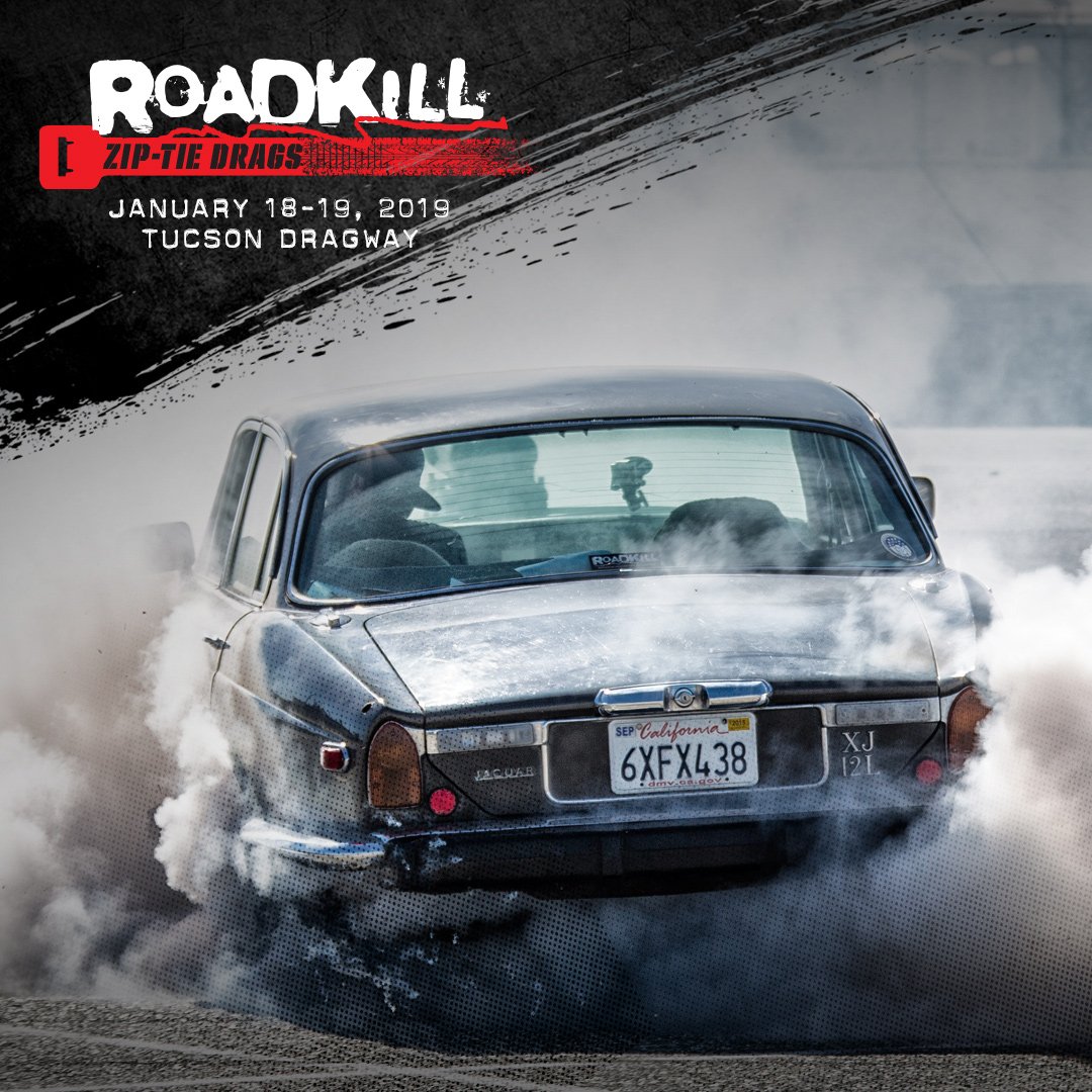 RoadkillShow's tweet photo. The #Draguar, #Nascarlo, #GeneralMayhem and the #MuscleTruck!  All of these cars will be at @TucsonDragway for #ZipTieDrags! Tickets and more info: https://t.co/nK6DMpKBSx

Zip-Tie Drags is brought to you by #GearVendors! https://t.co/UujmJBtwtk