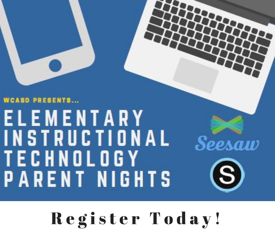Registration is now open for WCASD's Elementary Instructional Tech Parent Nights. Learn how we are developing digital citizens by designing authentic &amp; purposeful learning experience through the use of instructional technology. Visit bit.ly/2BXF6KX to register!