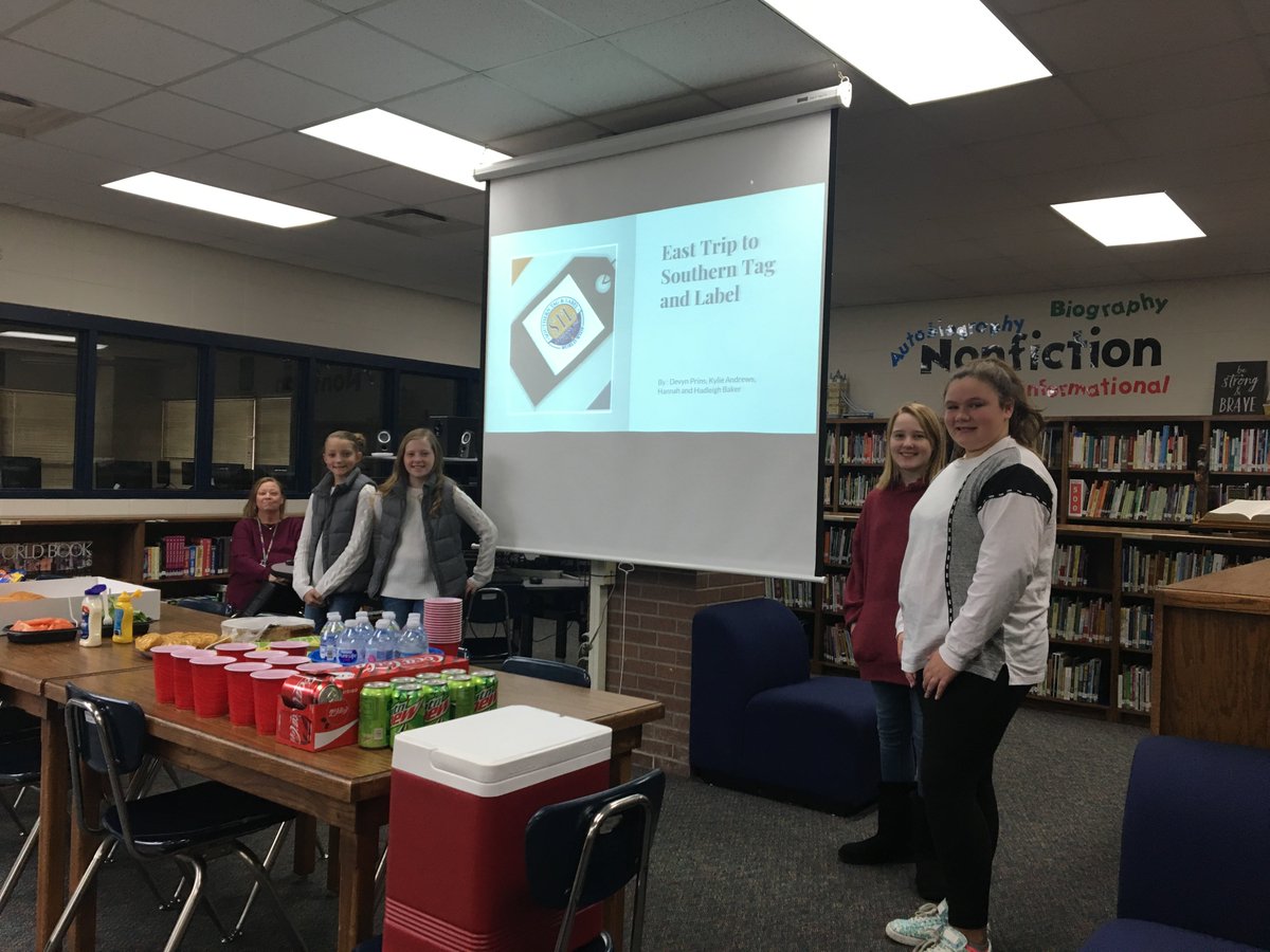 Pinkston Middle School EAST students Devyn, Hadleigh, Hannah, and Kylie presented information about their trip to Southern Tag &amp; Label to our School Board at today's noon board meeting.