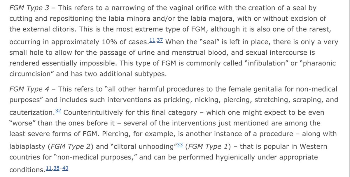 the  @WHO typology for FGM includes more than a dozen distinct procedures ( https://bit.ly/2iI2QaL ), several of which do not affect any part of the clitoris, such as FGM Type IIa & some of FGM Type IV. In my own work, I argue it is *morally wrong* to cut the genitals of a child