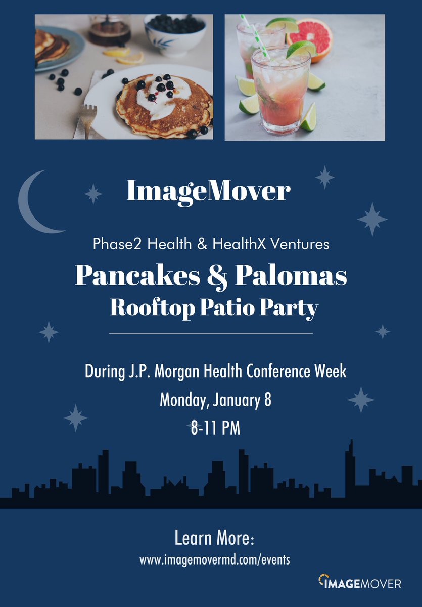 ImageMoverMD's tweet image. The JP Morgan Health Conference is just a few days away. Contact us if you&apos;re going and you like pancakes, palomas, and rooftop views! #JPM19 #Healthcare #venturecapital @HealthXVentures
