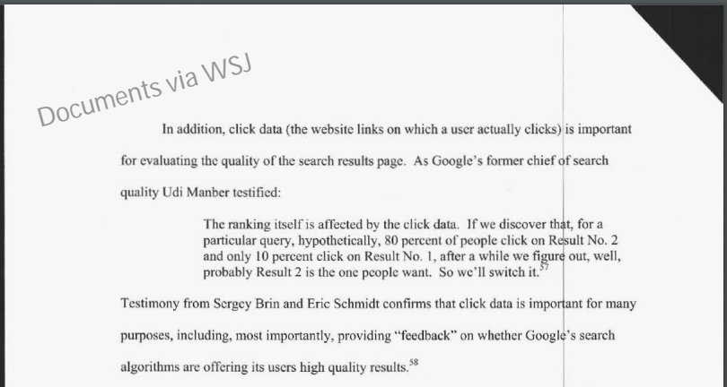 One of my favorite documents concerning Google's use of CTR as a ranking factor. Obtained via open-records request from the FTC in 2015 by <a href="/WSJ/">The Wall Street Journal</a>

Watermarks + photocopy artifacts make it official spy-like!

graphics.wsj.com/google-ftc-rep…