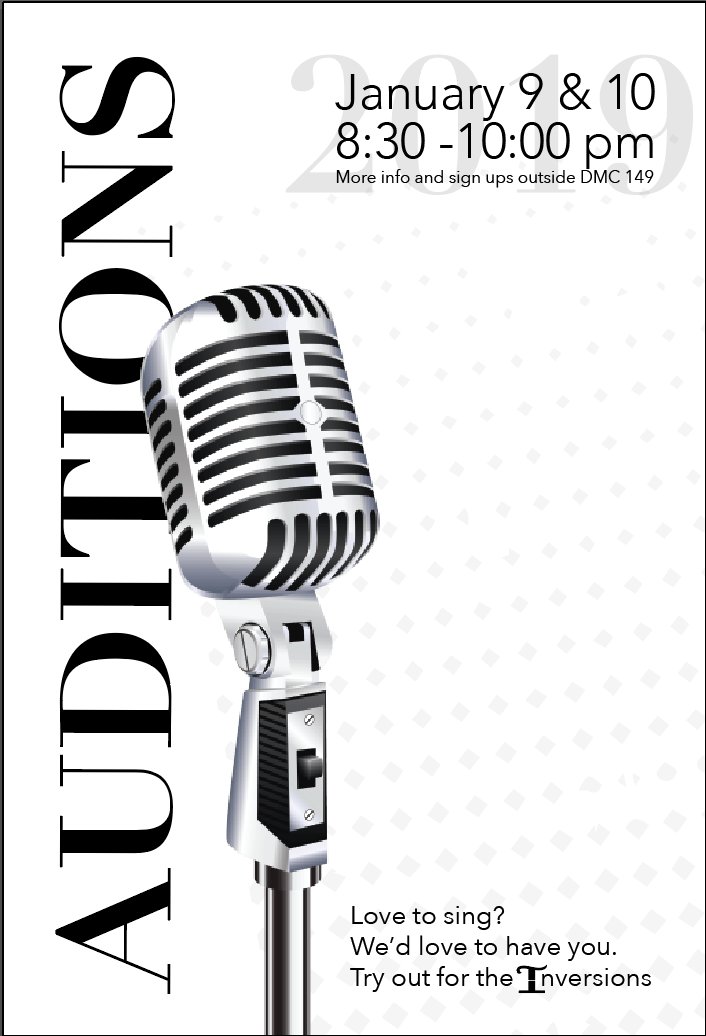 TheInversionsCU's tweet image. Audtions. Be there and bring your voice! Jan 9th and 10th 8:30-10pm.