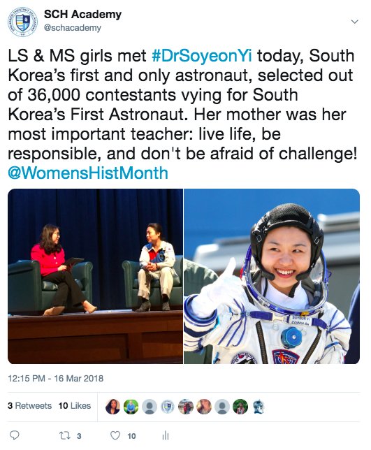 schacademy's tweet photo. Our top 4 tweets of 2018 are ❤️ look back at 2018: #1 McCausland Groundbreaking Ceremony; #2 BA Fish's @PSAHPERD award; #3 Light Blue wins Blue&Blue Day; #4 Dr. Soyeon Yi's visit to lower & middle school girls #FirstKoreanAstronaut #winning2018 #2018atSCH #SCHareTheLove https://t.co/yUFaBKvAUg