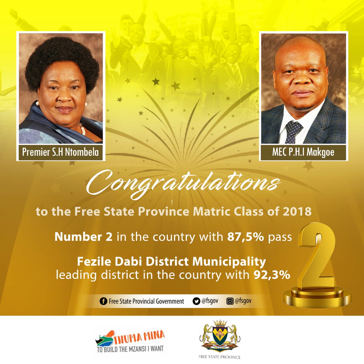 fsgov's tweet photo. Congratulations to the Matric Class of 2018. You've made the entire Free State proud.  #fsmatricClassOf2018 https://t.co/66oVpV2Cq7