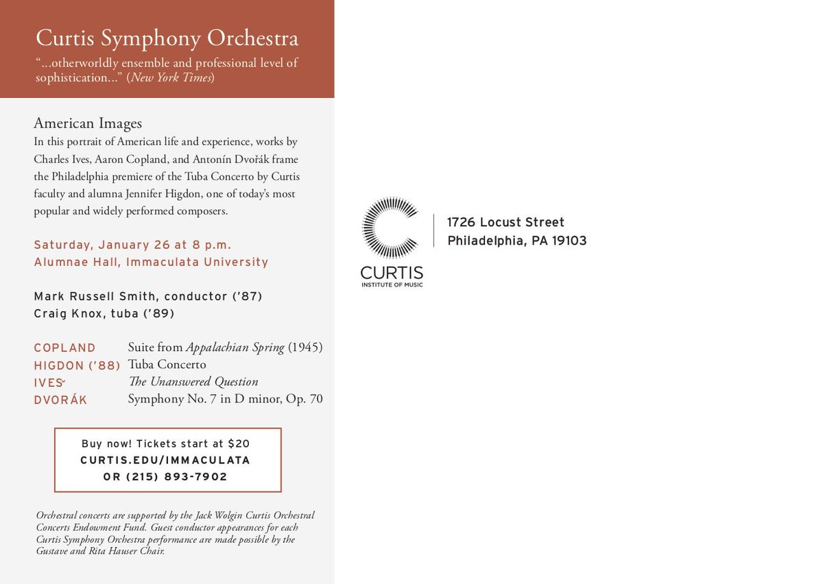 <a href="/CurtisInstitute/">Curtis Institute of Music</a> #orchestra will be performing <a href="/ImmaculataU/">Immaculata University</a> 
on Saturday January 26th.
Get 20% off tickets with the promotion code: TUBA 
Find tickets at: Curtis.edu/Immaculata
#Copland, #Dvorák,  #Ives #TubaConcerto