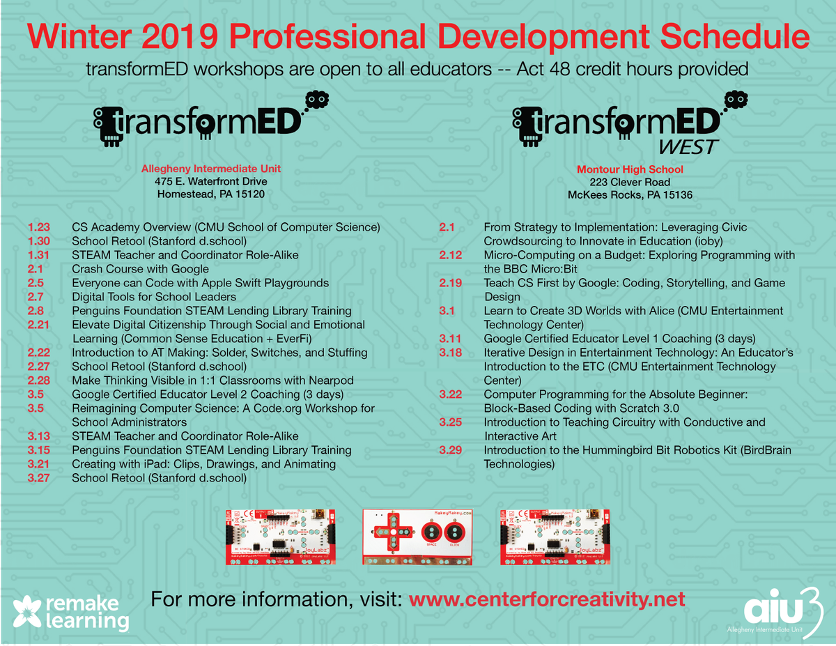 transformED_aiu's tweet photo. WINTER 2019 transformED Calendar: 25+ FREE workshops for all educators! #CS, #STEAM, #Robotics, #microcomputing, @codeorg, @microbit_edu, & more! @AlleghenyIU3 @remakelearning @PADeptofEd @hilltopspartan #CSforAllPA More info: https://t.co/FxrkNy9x2v https://t.co/fsTc1tWKub