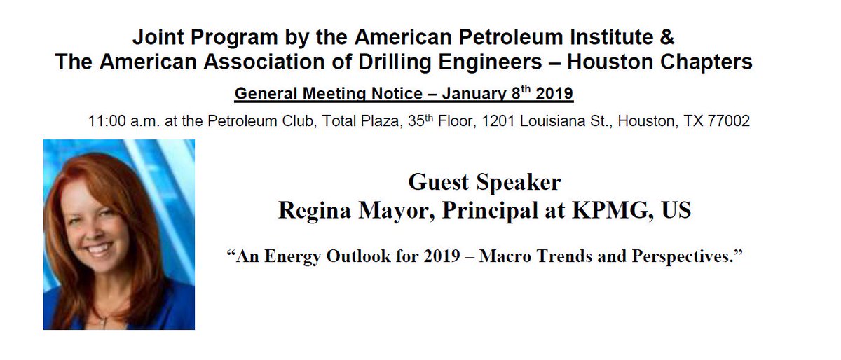 API__Houston's tweet photo. You are invited! to the American Petroleum Institute (API) Houston Chapter luncheon on January 8th, 2019 at 11 am. Guest Speaker - Ms. Regina Mayor serves as KPMG’s Global Sector Head and the U.S. National Sector Leader of Energy and Natural Resources.  https://t.co/S5RPAcBldt https://t.co/7GMGZkscTp
