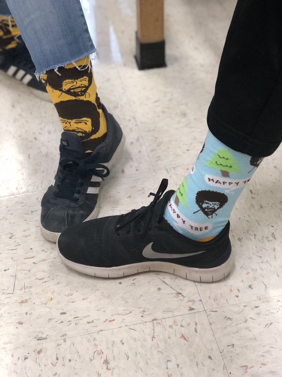 WintersArtEd's tweet photo. You know it’s a good day to paint when two students (without planning) show up in Bob Ross socks! https://t.co/OS1vn5E9dx
