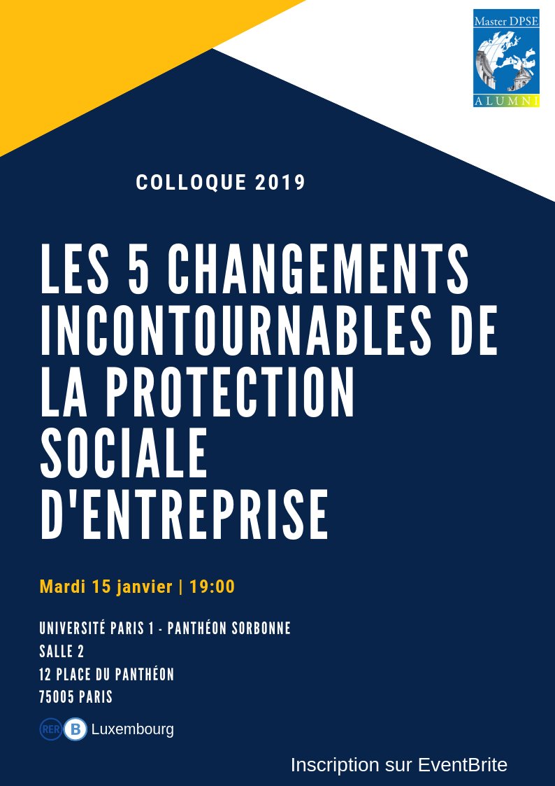 DPSE_alumni's tweet image. Master DPSE Alumni vous invite à son colloque le 15/01 sur les 5 actus incontournables en droit de la protection sociale d&apos;entreprise à l&apos;université @SorbonneParis1. Inscription obligatoire sur : eventbrite.fr/e/billets-les-… (merci à @M2proDPSE pour la salle)