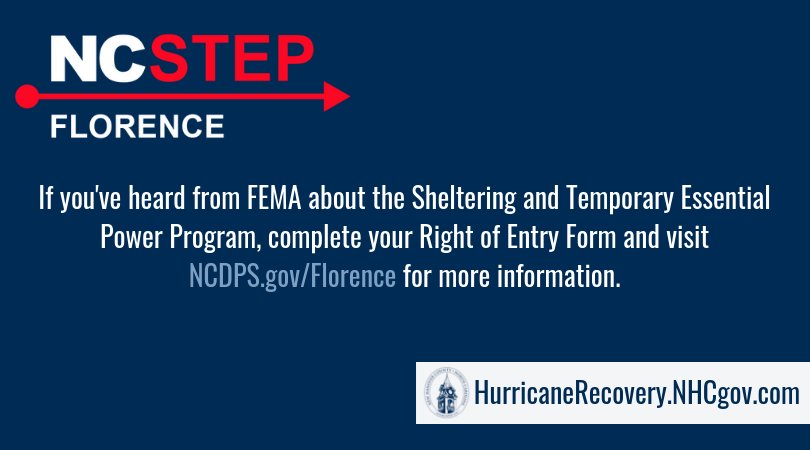 NewHanoverCo's tweet photo. Were you displaced from your home because of #HurricaneFlorence? You might hear from @FEMA about the Sheltering and Temporary Essential Power Program to get you back in your house while repairs are made. Visit https://t.co/zrYJr0Jipd to see if you're eligible. #FlorenceRecovery https://t.co/8wXx9qJ2d4