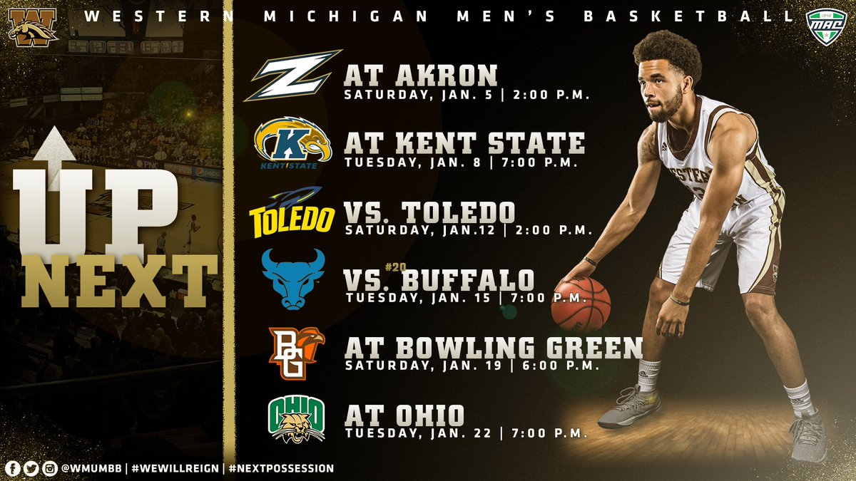 WMUMBB's tweet photo. 🆙𝐍𝐄𝐗𝐓. 
We begin @MACSports play with four of our first six games on the road along with home match-ups against Toledo &amp; Buffalo. 

🎟️ >> https://t.co/Xx28kDN5jc 

#WeWillReign #NextPossession #MACtion https://t.co/SlsiAsxwqN