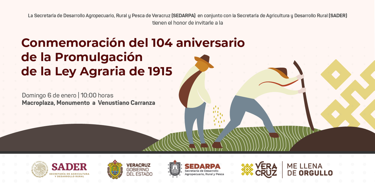 SEDARPAVer's tweet photo. Hace 104 años, se promulgó la Ley Agraria con el fin de rescatar los ideales de las luchas agrarias de los pueblos originarios de nuestro país 🏘

Por eso este próximo domingo 6 de enero, te invitamos a conmemorar este hecho histórico. https://t.co/CoqzTlSjYc