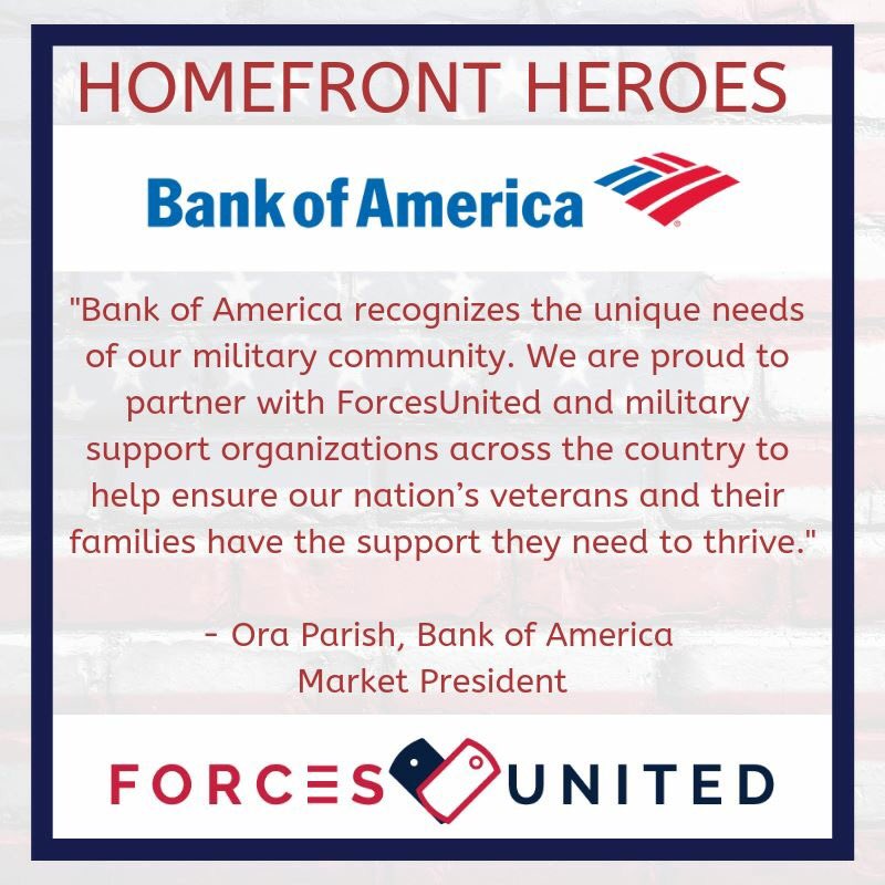 ForcesUnited is thankful for Bank of America as a community partner. Your continued support helps so many veterans thrive in our local community! <a href="/BankofAmerica/">Bank of America</a> <a href="/OraParish/">Ora Parish</a> <a href="/MarissaISmith/">Marissa Smith</a> <a href="/ForcesUnited4u/">ForcesUnited</a>