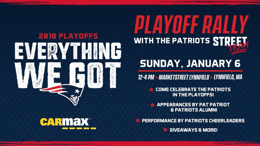 We're bringing #EverythingWeGot to Lynnfield!

Join us this Sunday &amp; kick off the playoffs with <a href="/PatsCheer/">Patriots Cheerleaders</a>, <a href="/PatPatriot/">Pat Patriot</a>, #Patriots giveaways and more.