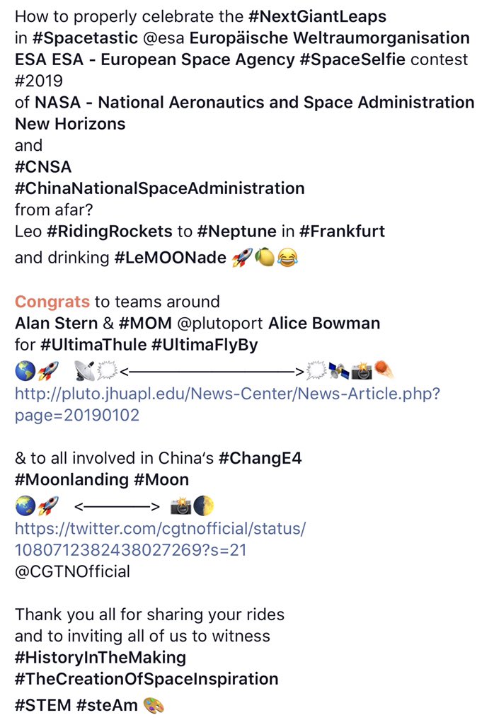 4tuneQkie's tweet photo. How to celebrate #NextGiantLeaps @NASA @NASANewHorizons #UltimaThule
&
#CNSA #MoonLanding
from afar?
Leo #RidingRockets &drinking #LeMOONade
Congrats to teams of
#MOM @plutoport A.Bowman
& @AlanStern
🌎🚀📡🗯<->🛰📸☄️
&China‘s #ChangE4
🌏🚀<->🌓
#TheCreationOfSpaceInspiration🎨 https://t.co/2mMYA1mX9r