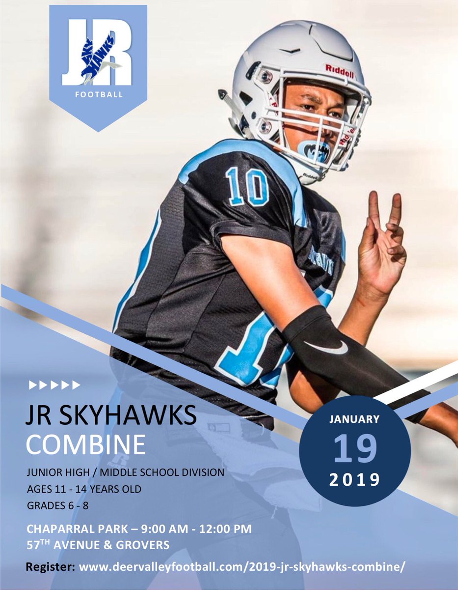 DV_Skyhawks's tweet photo. Register now for the 2019 JR Skyhawks Combine! 

Who: Grades 6 - 8, Ages 11 - 14
Date: Saturday, January 19, 2019 
Time: 9 AM - 12 PM 
Location: Chaparral Park (57th Ave &amp; Grovers)
Cost: FREE

To register, visit https://t.co/Q1CzlW28sa. https://t.co/mPb96IO7SU