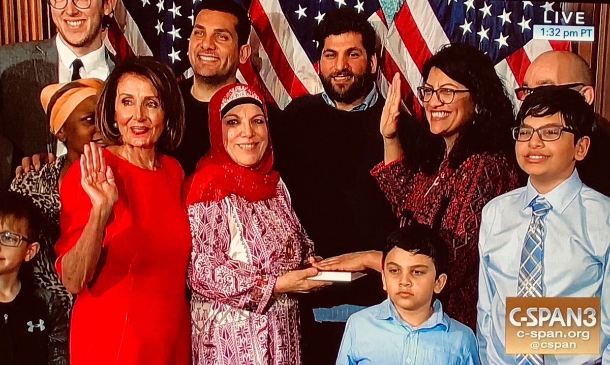 MMFlint's tweet photo. And this happened, too. Rashida Tlaib was sworn in as the first of two Muslim women ever to serve in Congress today. Rashida placed her hand on a Koran owned by Thomas Jefferson. https://t.co/fa4b3At1SG