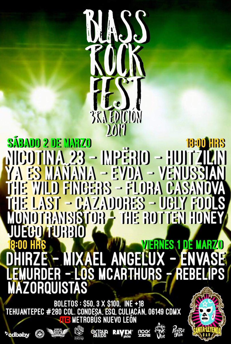 Los invitamos al #BlassRockFest 3era edición de nuestros amigos de <a href="/fernandobarker/">nicotina23</a>
Estaremos tocando el Viernes 1 de Marzo en el <a href="/santaleyendaDF/">Santa Leyenda  DF</a>
Acceso $50 o 3x $100
Apatta la fecha y tus accesos ahí los vemos!!!