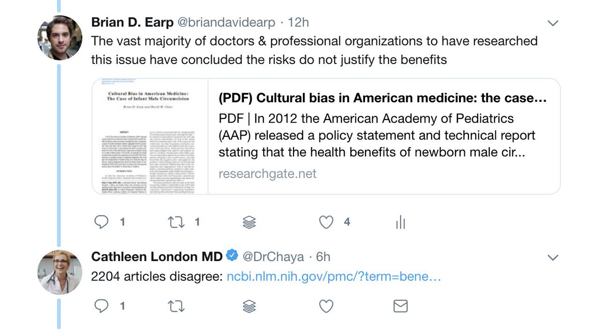 & as I pointed out, *every* international pediatric society or comparable medical org apart from  @AmerAcadPeds has concluded the benefits of newborn circ do NOT outweigh risks ( https://bit.ly/2AgagNF ). Her response was to pull up PubMed & literally count articles that appear to