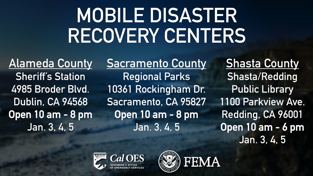 Mobile Disaster Recovery Centers (DRC) available in Sacramento, Alameda and Shasta counties. Mobile DRCs offer information and resources to homeowners, renters and business owners affected by the November wildfires. #CampFire #WoolseyFire #HillFire