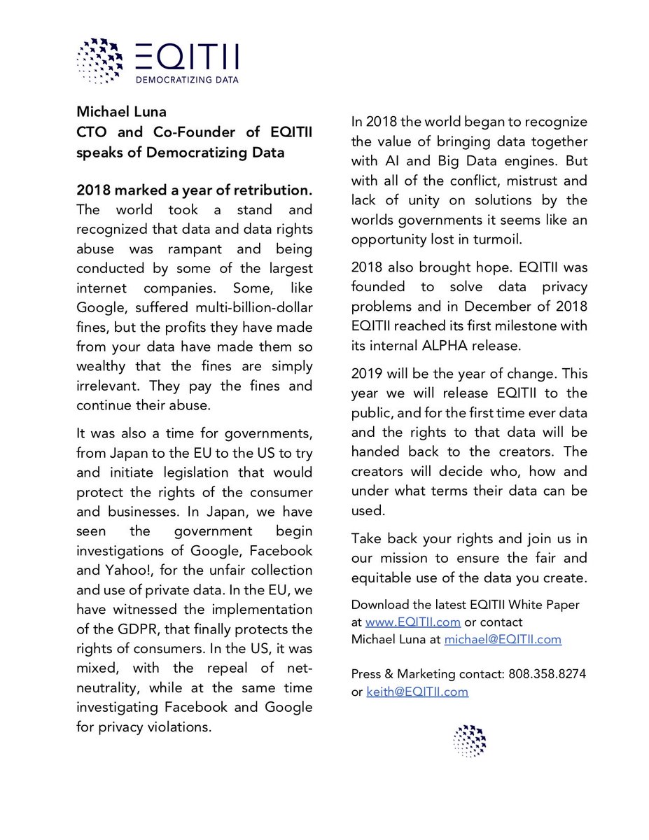 Michael Luna
CTO and Co-Founder of EQITII speaks of Democratizing Data
#data #dataprotection #datasolutions #datamarketplace #dataprivacy