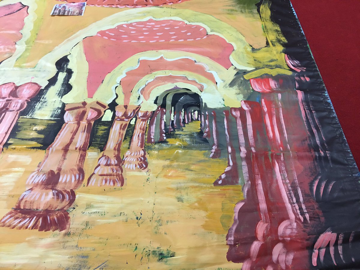 NavajoBirdsong's tweet photo. Beginning to come together... getting a bit of feeling if depth- #WIP washed up n heading home- might even get an early-ish night! #busy #panto #painting #backcloth https://t.co/JZQYqaB1dq