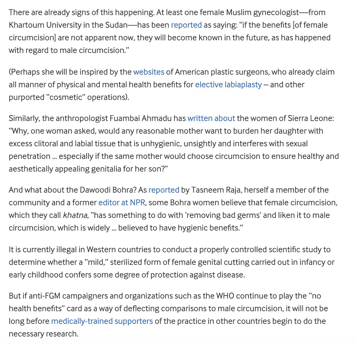 of what they call "female circumcision" to try to find "health benefits" for their *own* culturally favored rituals, which is exactly what some are now doing (see screen shots below, from my discussion here  https://bit.ly/2F78yCl ). But this is to miss the point. Genital cutting