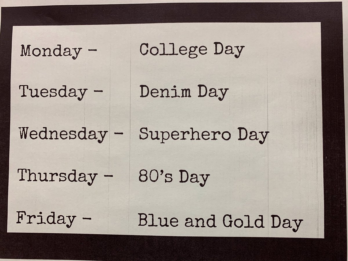 here are the spirit days for next week! there will be a chance to win a $25 gift card from places around town each day you participate, so be sure to dress up!!