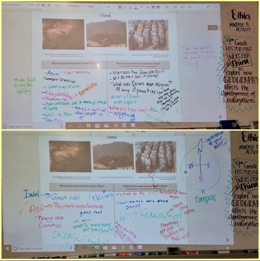 classwithcassa's tweet photo. Pd.2&4 young historians commencing our #ChineseCivilizations geographical context lesson by giving @MillsWHHS & I #insight on #whattheyknow & #whattheywanttoknow! Provides us with #FUNFACTS to expand & incorporate into our unit. @WHHumanities @WhufsdRams @WH_HighSchool #RamPride https://t.co/n2PWLw12GQ