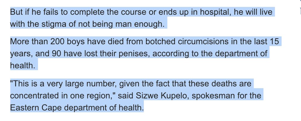 dozens of boys die each year from their initiation rites, with multiple penile amputations and hospitalizations ( https://bit.ly/2VtYoQV ). Extensive, gruesome photographic evidence is available at  http://ulwaluko.co.za/  - random sub-set below. Among the Xhosa,