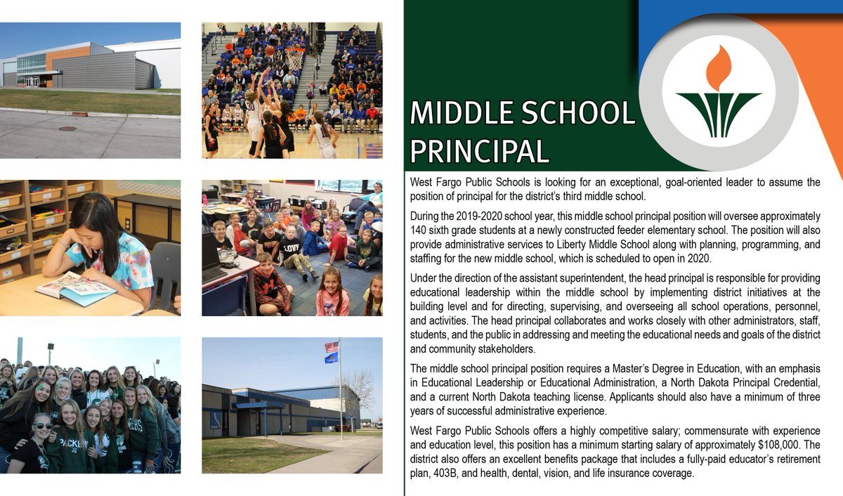 .<a href="/WFPSchools/">West Fargo Public Schools</a> is looking for an exceptional, goal-oriented leader to assume the position of principal for the district's third middle school. Apply today! bit.ly/2SFwzDK #wfpschools #districtofchoice