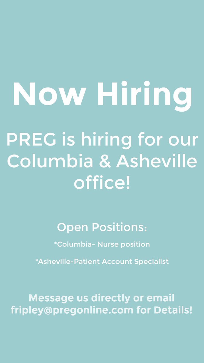 PREGonline's tweet photo. PREG is hiring in #ashevillenc and #ColumbiaSC!! Message us or email us at fripley@pregonline.com for details!!! #nowhiring #nurseposition #pregonline https://t.co/R9HgkictLO