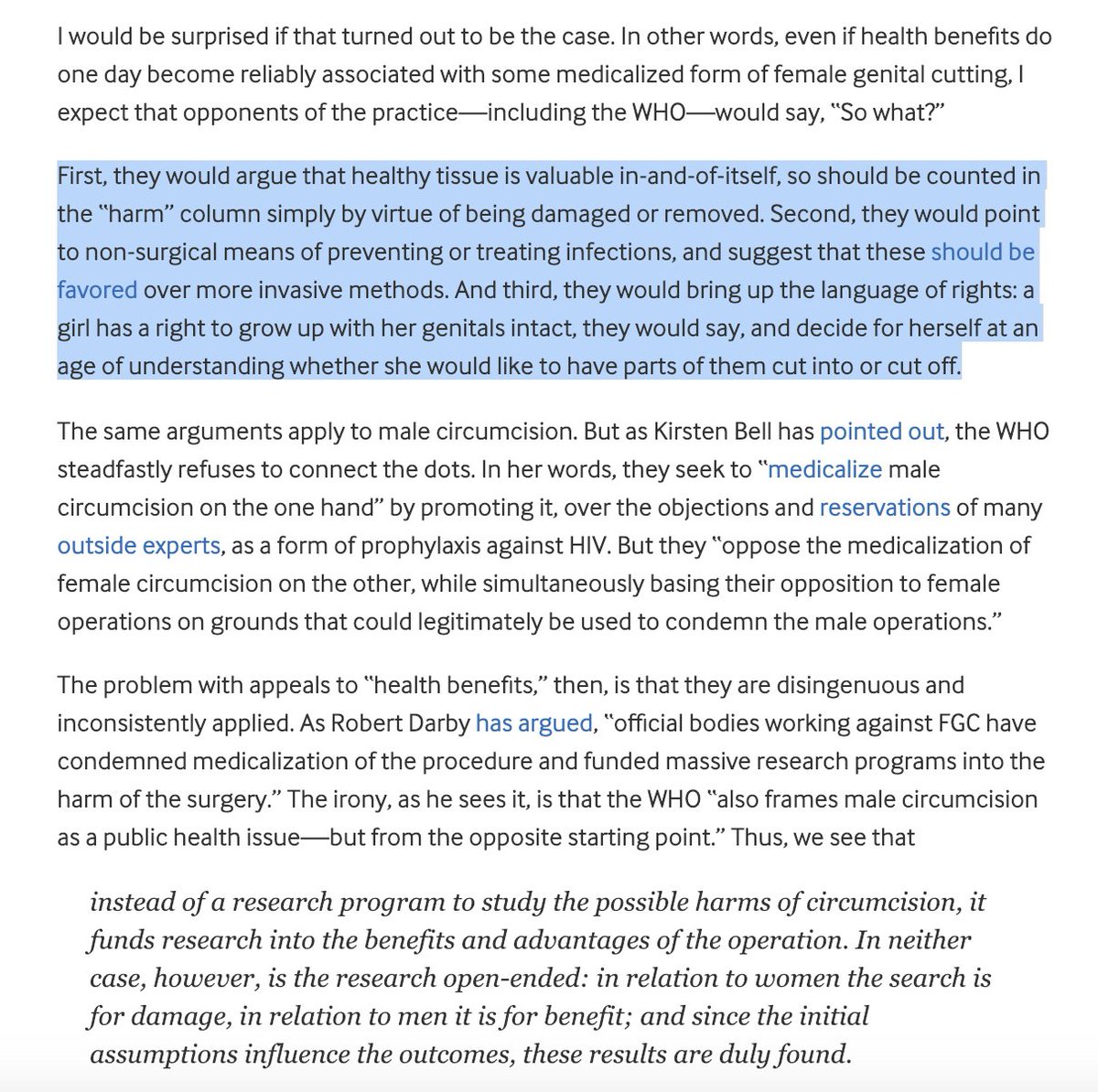 If 'minor' or sterilized forms of FGM *did* have health benefits -- for example, neonatal labiaplasty might reduce the risk of labial cancer -- presumably no Western observer would then say, "Oh, in that case, I guess it's okay to do." See below (from  https://bit.ly/2F78yCl ).