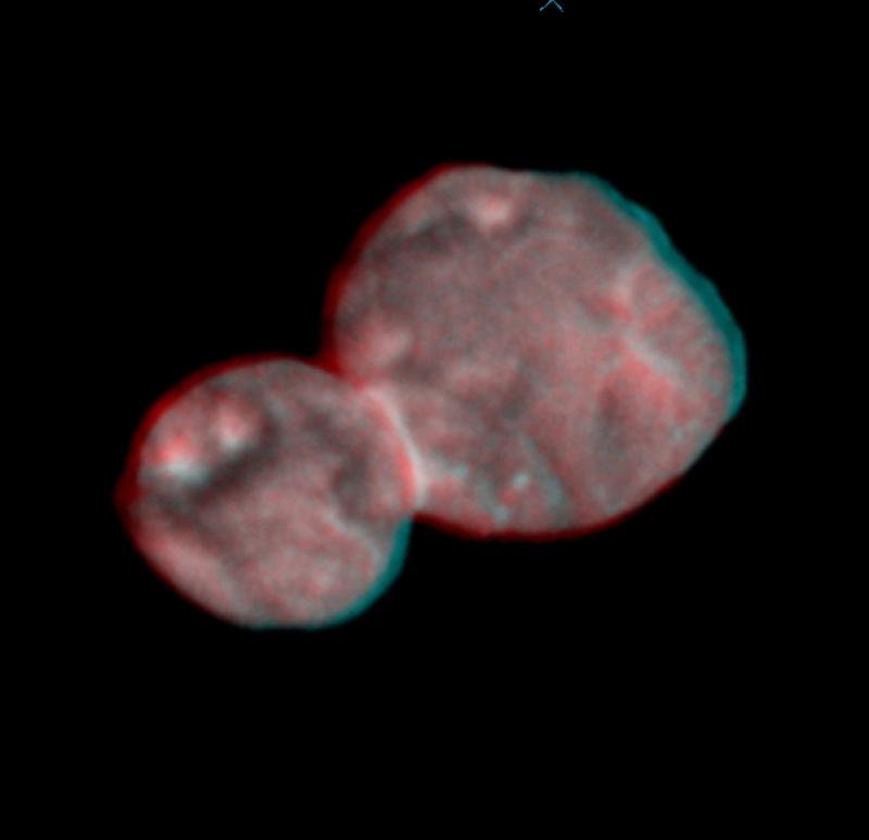 #UltimaThule, now in stereo! The <a href="/NASANewHorizons/">NASA New Horizons</a> science team created the first stereo image pair of Ultima Thule. This image can be viewed with stereo (3D) glasses to reveal the unique Kuiper Belt object's three-dimensional shape. bit.ly/ultima-thule2