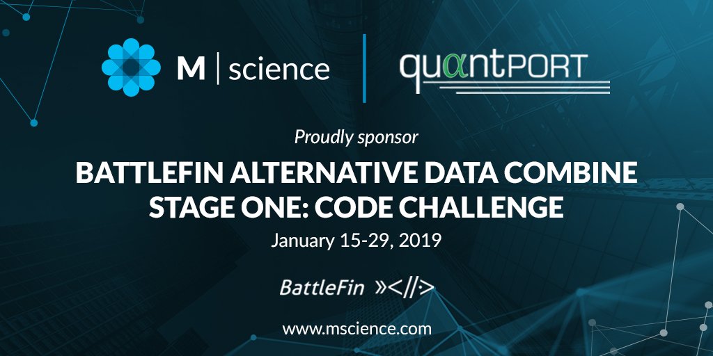 msciencellc's tweet photo. #MScience &amp; #quantPORT set the stage for the first challenge in our unique coding competition, the @BattleFinAI #AlternativeData Combine. We encourage rising #DataScience talent to sign-up before registration closes on 1/7. For more info: https://t.co/AzhdDKSfoZ #BigDataAnalytics https://t.co/E6kciAvpIF