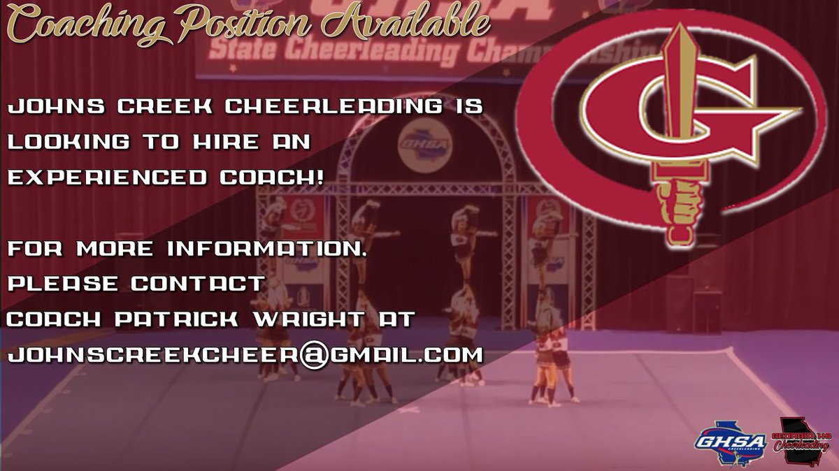 GeorgiaHSCheer's tweet photo. Coaching position available at @cheer_jchs! 

#GHSACheer2019 https://t.co/vwVOIlduYp
