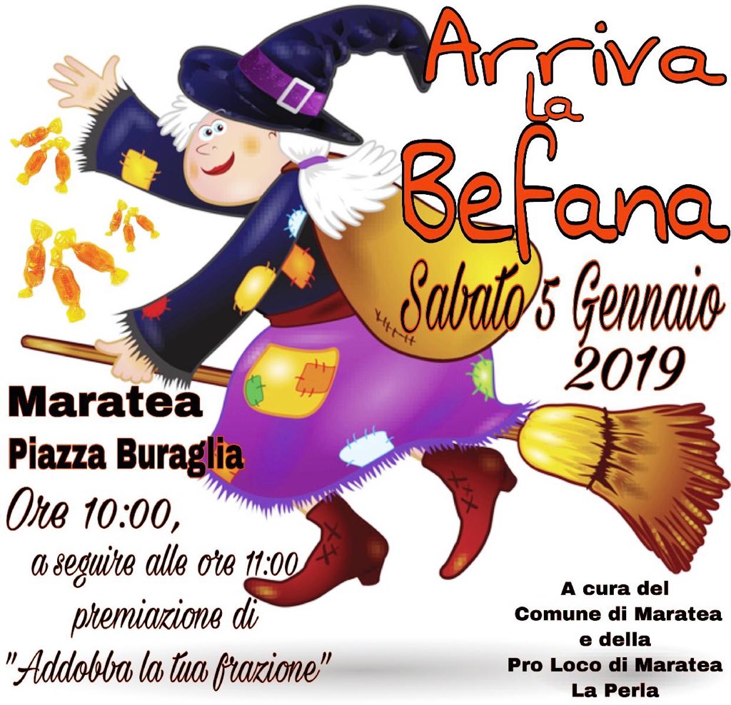 ProLocoMaratea's tweet photo. #Sabato 5 gennaio 2019 alle ore 10:00 a #Maratea Centro storico durante il #Mercatino “Arriva la Befana”. A seguire premiazioni del concorso “Addobba la tua frazione” #ProLocoMaratea #Natale #Eventi #Unpli #UnpliBas https://t.co/4DW2GVbKyT