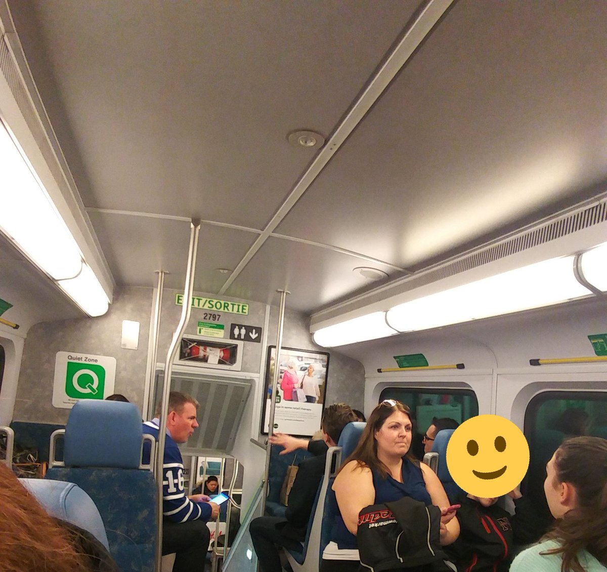 JodesJots's tweet photo. More fKn yappers in another #EtiquetteFail on #TheGo #BarrieLine car 2797 #QuietZone. Trying to be patient but on the verge of losing my shit! https://t.co/mBwcBgBcVG