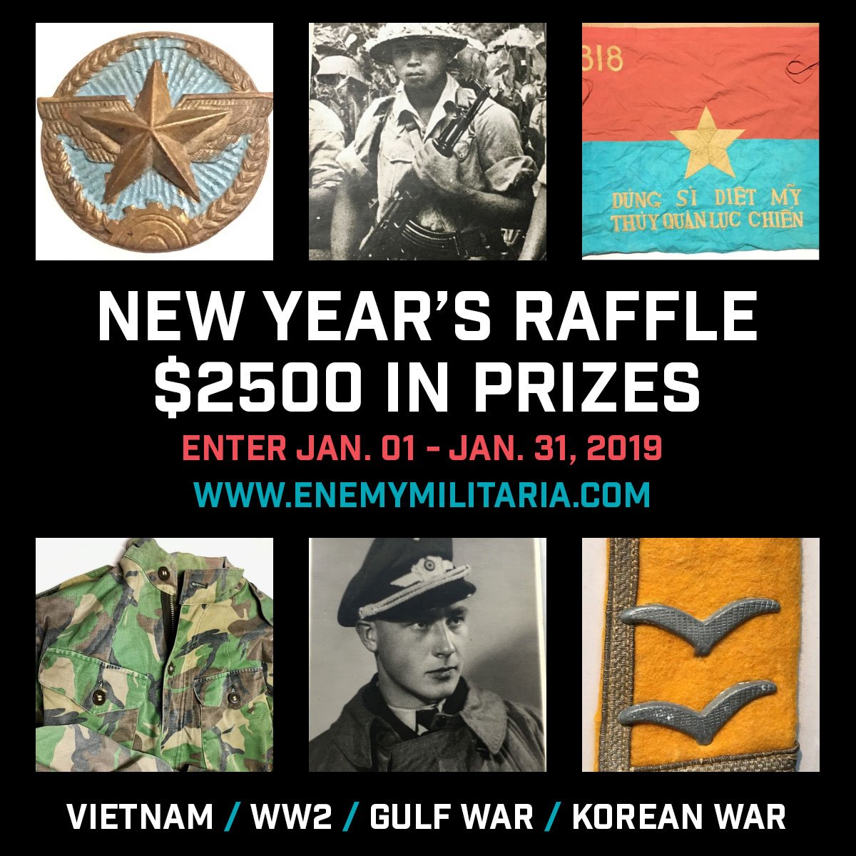 enemymilitaria's tweet photo. I just entered @enemymilitaria's $2500 New Year's Raffle at https://t.co/6opiAN3sml . Entries accepted until January 31, 2019. #Militaria #VietnamWar #WW1 #WW2 #KoreanWar #GulfWar https://t.co/xzkKX7sxhZ