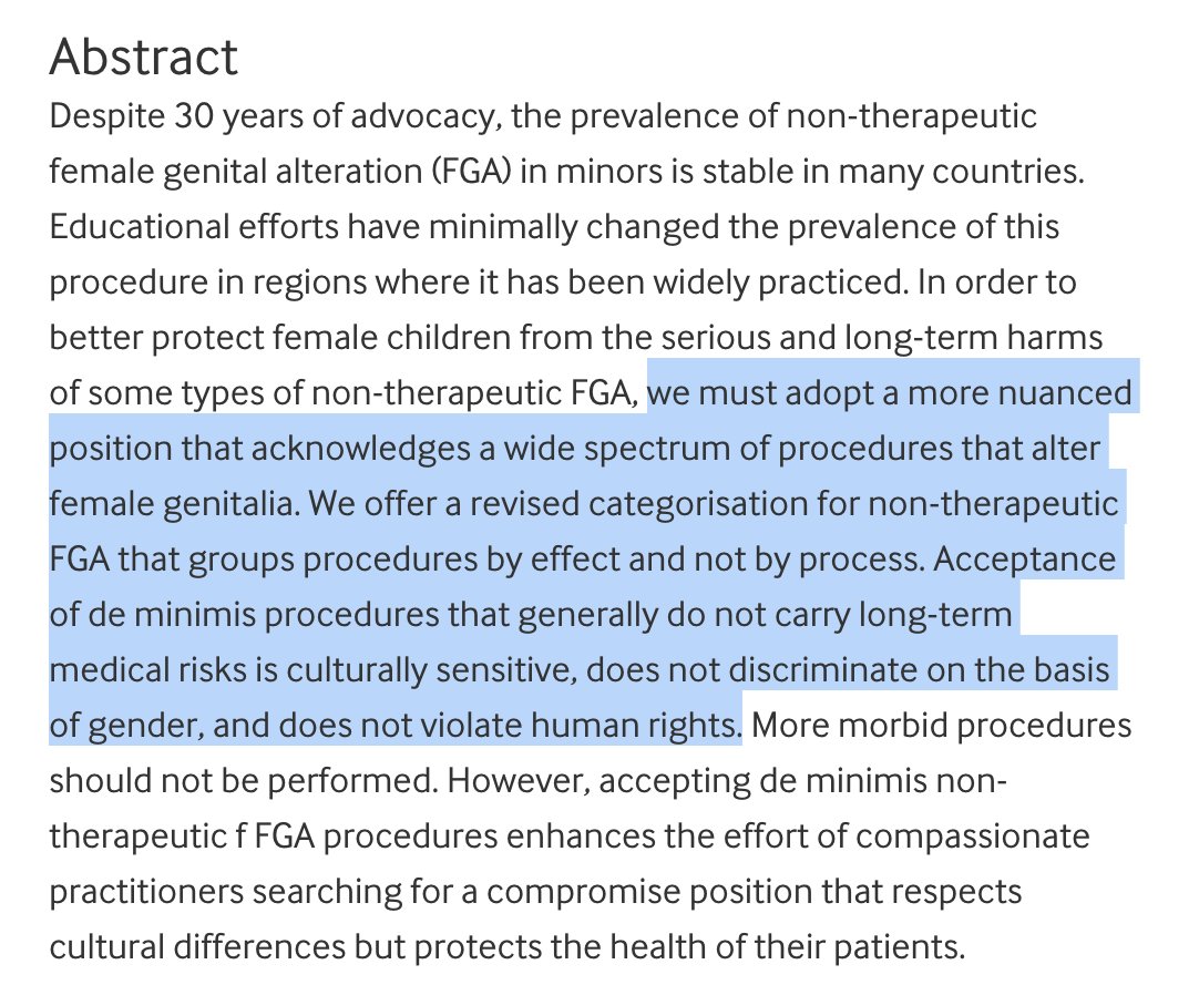 For example, Arora & Jacobs, previously known 4 defending ritual male circ, have recently argued in top-ranked  @JME_BMJ that Western countries should allow "de minimis" forms of FGM, as a way of creating a buffer of protection around male circumcision ( https://bit.ly/2F6OZcm ).