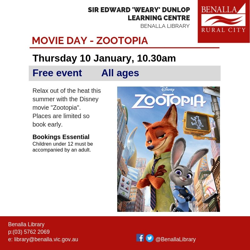 Beat the heat this Summer by coming to the Benalla Library and join us in watching "Zootopia" on Thursday 10th January at 10.30am
