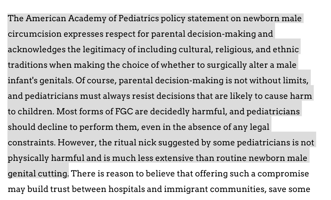 Indeed, the  @AmerAcadPeds had previously released a policy in which they, too, defended "ritual nicking" of little girls' vulvas on the grounds that this was "much less extensive" than male circumcision and the latter was also not medically necessary ( https://bit.ly/2LOUZrA ).
