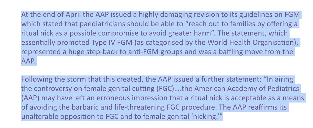 After outrage & push-back from anti-FGM groups such as the  @OrchidProject ( https://bit.ly/2VlUxp4 ), along with harrowing stories of pain and trauma from women who had been cut as girls, the  @AmerAcadPeds quickly "retracted" its policy and affirmed that NO cutting should be done