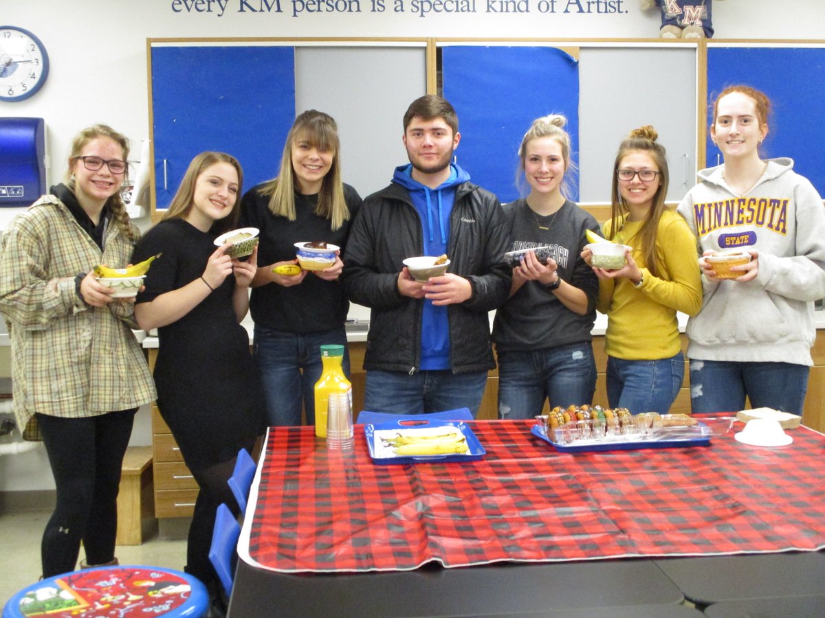 mfredrickson13's tweet photo. Pottery II students learning to throw bowl shapes on potters wheel. After bowls were dried, fired and glazed in kiln, students  enjoying breakfast eating from their hand thrown bowls. https://t.co/qVH5EawBAD