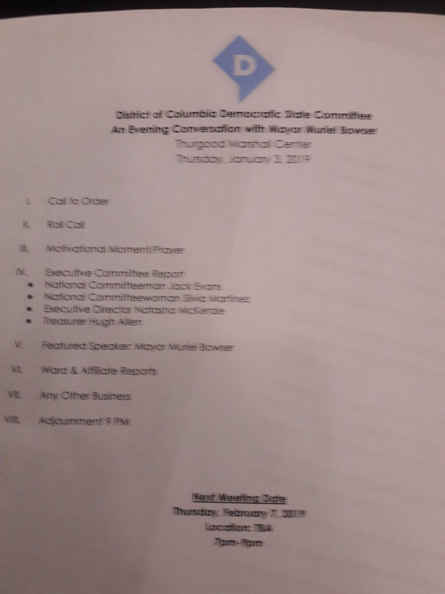 keeporganizing's tweet photo. The first 2019 meeting of the #DCDSC begins at 7pm tonight. This is your thread from me for the evening. Here's a blurry photo of the agenda I took to get started: https://t.co/s8c9juUfzr